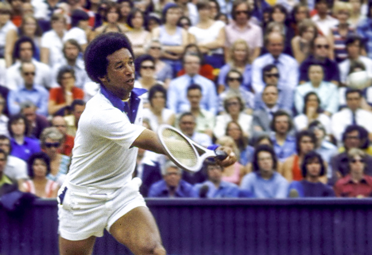 Ashe at Wimbledon in 1975, the year he won the tournament.